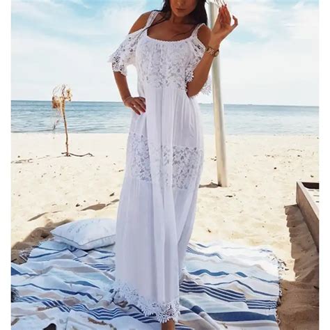 2020 Maxi Bohemian Dress Lace Cotton Patchwork Long Plus Size White Sexy Dress Off Shoulder