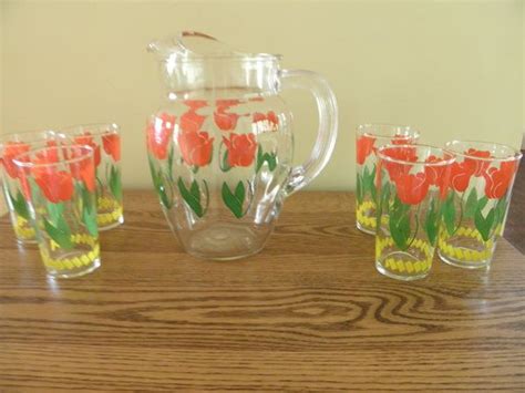 Federal Glass Tulip Pitcher And Glasses Vintage Glassware Pitcher Vintage Drinking Glasses