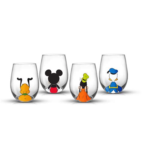 disney squad stemless drinking glass set of 4 mickey pluto donald and goofy glasses