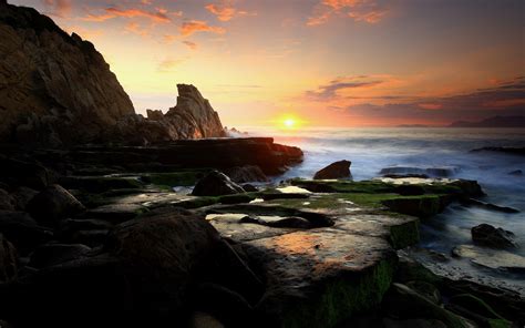 Nature Landscape Sunset Rock Coast Waves Sea Wallpapers Hd