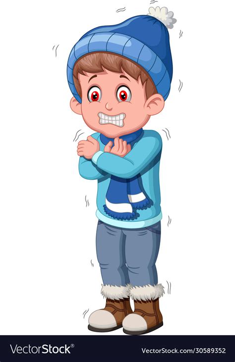 Cold Boy In Red Jacket With Scarf And Hat Cartoon Vector Image