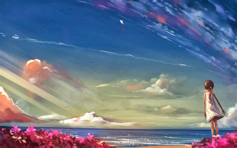 Wallpaper Sunlight Sea Flowers Anime Girls Sky