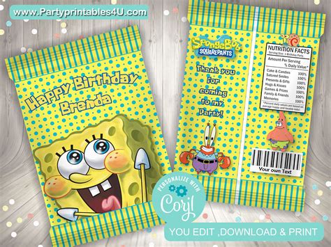 Editable Spongebob Chip Bag Spongebob Favor Bag Party Favor Etsy