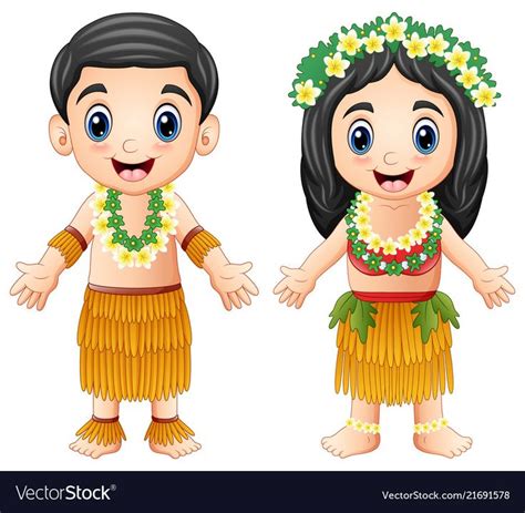 Cartoon Hawaiian Couple Wearing Traditional Costum Hawaiian Couple