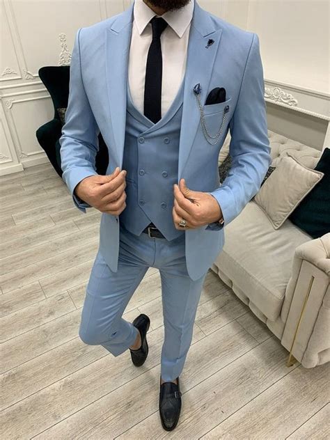 Men Suits Sky Blue 3 Piece Slim Fit Two Button Wedding Groom Etsy