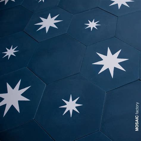 Blue Hexagonal Cement Tiles With White Star From Mosaic Factory