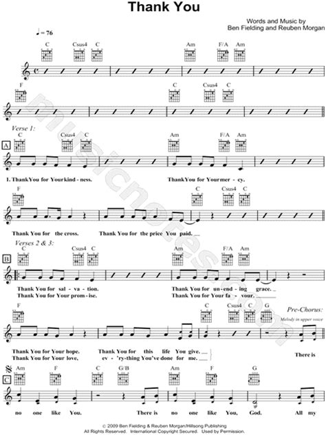 Hillsong Thank You Sheet Music In C Major Download And Print Sku
