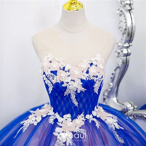 Elegant Royal Blue Appliques Lace Flower Prom Dresses Ball Gown 2022 Scoop Neck Sleeveless