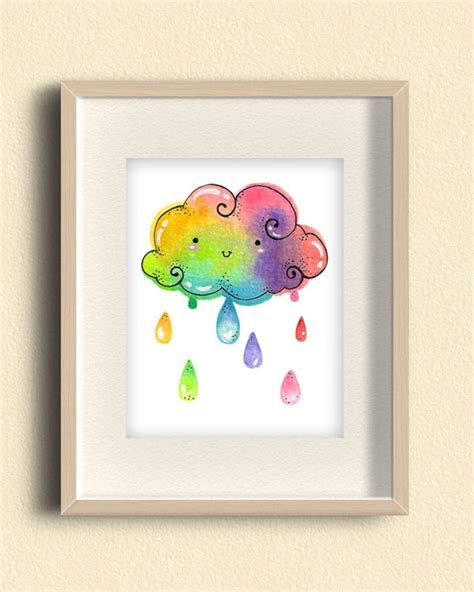 Rainbow Cloud Raindrops Illustration Print By Beaglecakesart