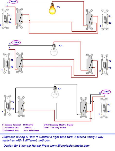Two way switch wiring diagram together with two conductor vs four conductor cable humbuckers along with how do the audio controls on the steering wheel municate with. Do Staircase Wiring Circuit With 3 Different Methods | Electrical Online 4u