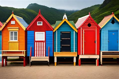 Premium Photo Colorful Beach Huts On A Beach With Mountains In The
