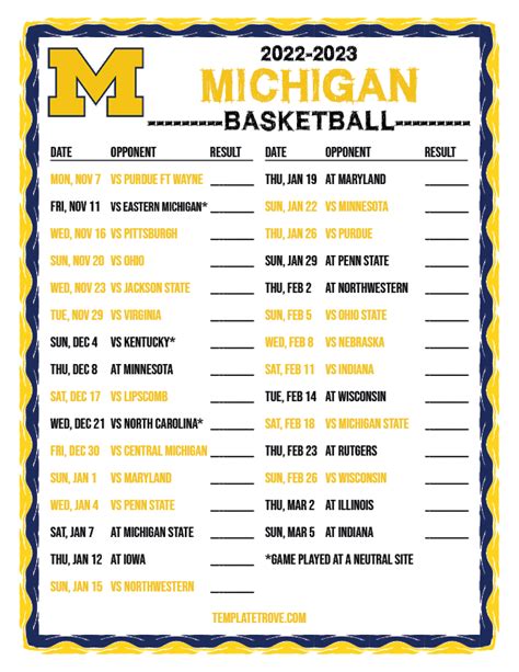 Michigan Basketball Schedule Printable Web Ann Arbor Mi