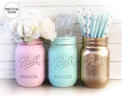 Blush Pink Mint Gold Painted Mason Party Jars Painted Mason Jars