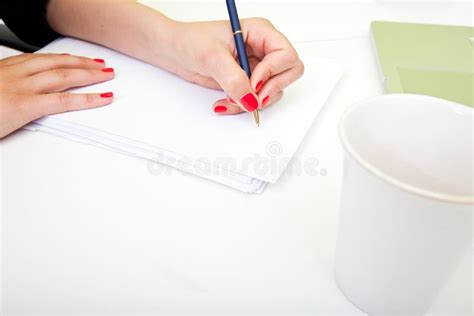 Close Up Of Womans Hands Writing On Paper Stock Photo Image Of