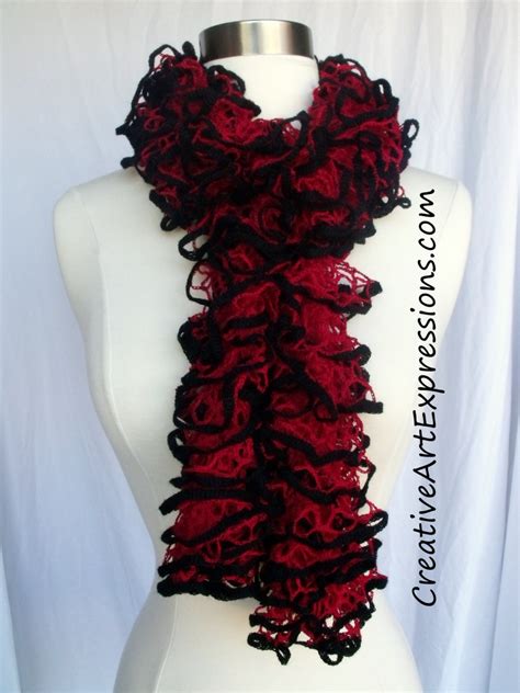 Creative Art Expressions Hand Knit Red And Black Ruffle Scarf Creative