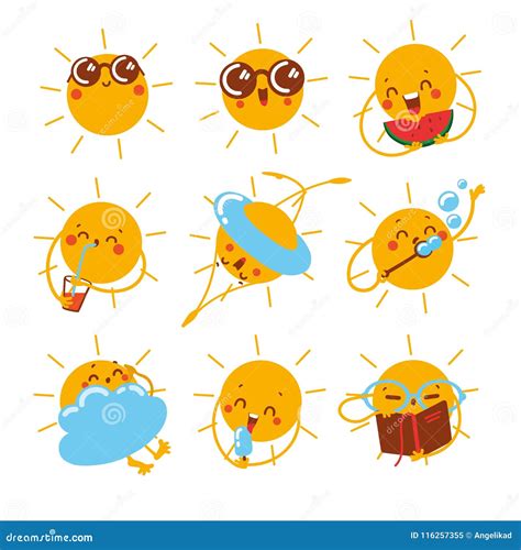 Set Icon With Different Emotions Of The Sun Stock Vector Illustration
