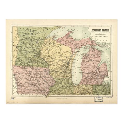 Map Of The American Midwest 1873 Postcard