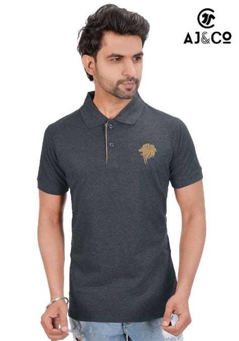 Ajandco Dark Grey Plain Black Polyester Men Polo T Shirt Size Ml And