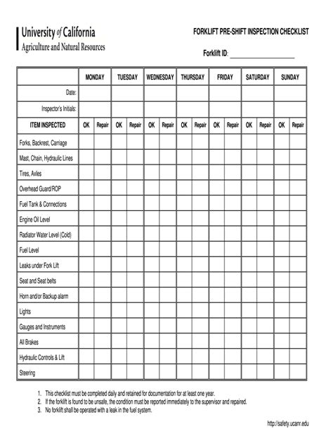 Free Printable Daily Forklift Inspection Checklist