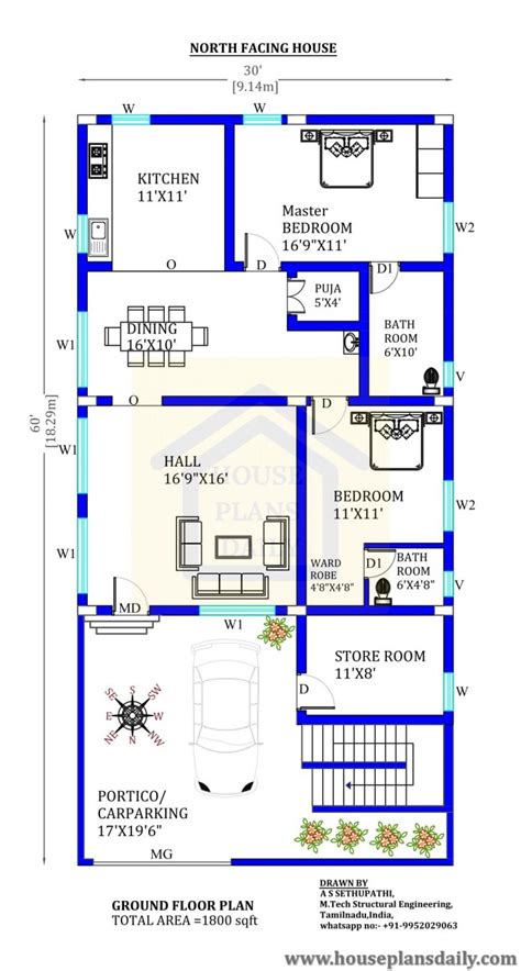 30x60 North Facing Home Design With Vastu Shastra House Plan And