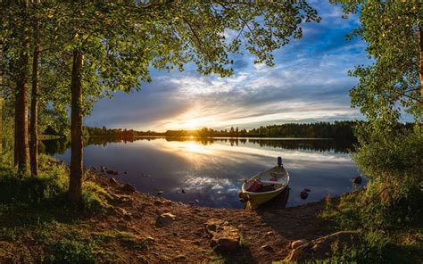 Download Wallpapers Evening Sunset Boat On The Shore Beautiful River Forest River Oulujoki