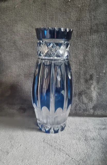 Vintage Czech Bohemian Cobalt Blue Cut To Clear Crystal Vase Inches
