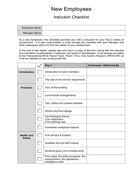 Hr New Employees Induction Checklist
