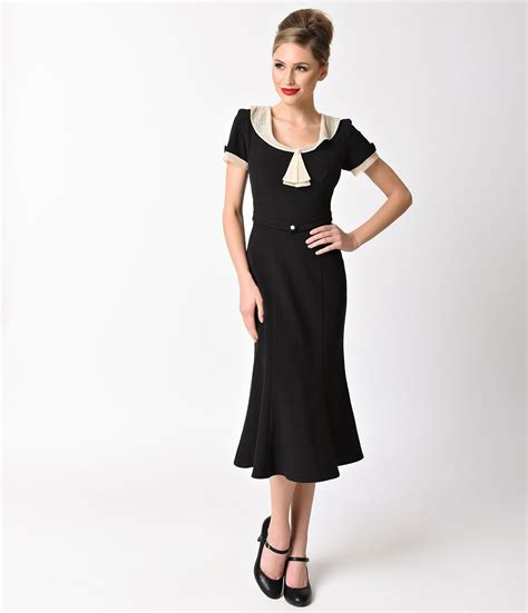 1930s Style Fashion Dresses 1930s Black Tan Lace Cap Sleeve Railene