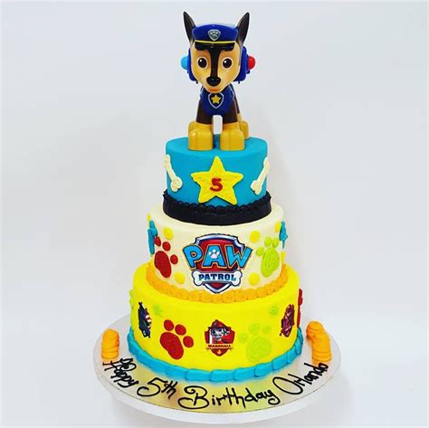 Three Tier Paw Patrol Cake With Edible Images And Piping Paw Patrol