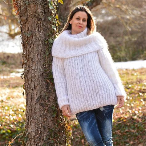 Hand Knitted Mohair Sweater White Cowl Neck Fuzzy Jumper Etsy