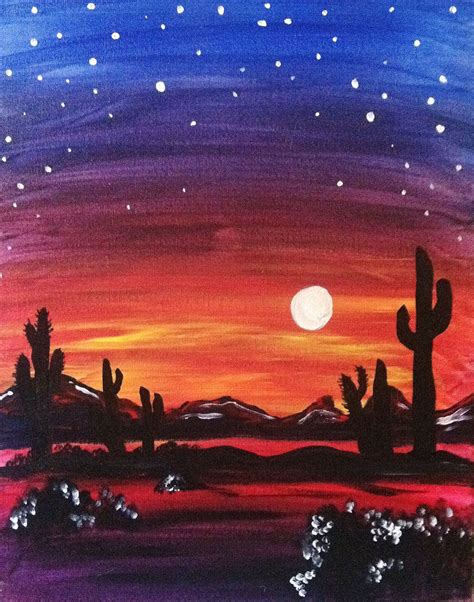 Learn how to draw a cactus like this simple version, and then turn it into a lovely watercolor resist painting. Desert Moon | Desert painting, Sunset painting, Watercolor ...