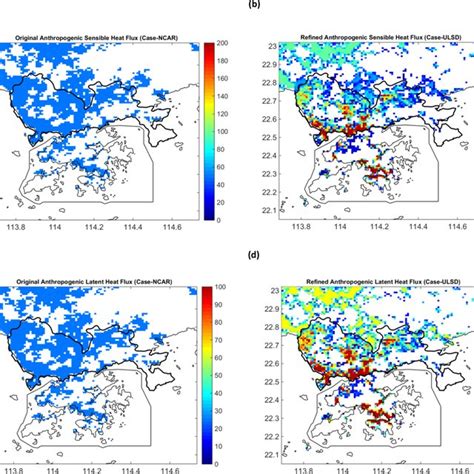 Maps Of The Anthropogenic Sensible A B And Latent C D Heat Fluxes