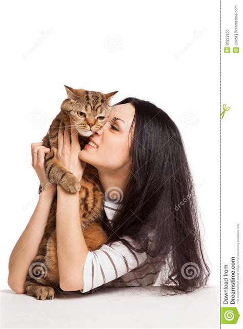 Beautiful Smiling Brunette Girl And Her Ginger Cat Over White Ba Stock Photo Image Of Cute