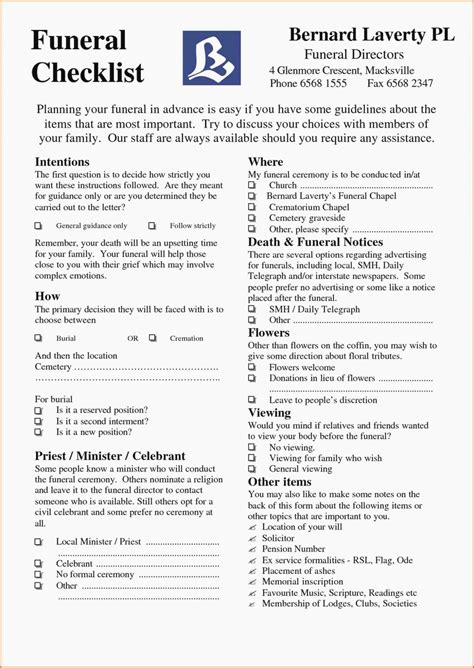 printable funeral planning checklist pdf