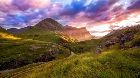 Scotland Highland Valley Mountain Road Clouds Sky Sunset