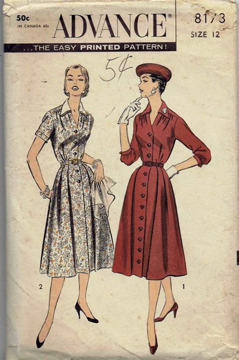 1950s Shirtwaist Dress Advance 8173 Pattern Button Front Etsy