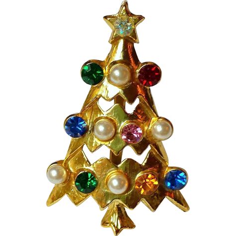 Vintage Gold Plated Multicolor Rhinestone Christmas Tree