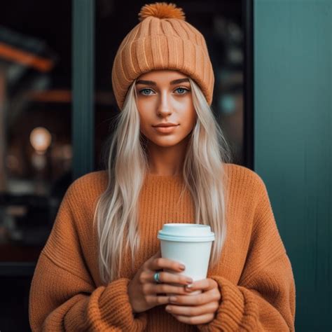Premium Ai Image Beautiful Blonde Hair Woman Holding Coffee Cup