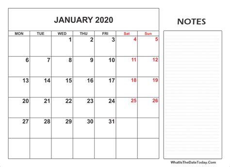 2020 Printable January Calendar With Notes Whatisthedatetodaycom