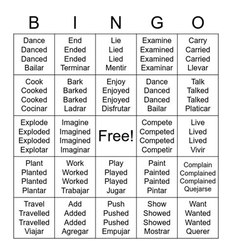 Regular Verbs Bingo Card