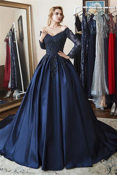 Ball Gown Long Sleeves Off Shoulder Beaded Navy Blue Quinceanera Dress In 2021 Prom Dresses