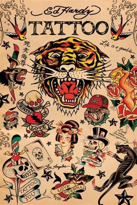 Ed Hardy Tattoo Collage Love Kills Slowly Skull Dagger Roses Geisha