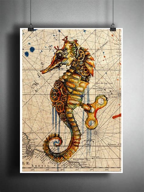 Seahorse Splatter Art Print Steampunk Sea Horse Beach Decor World