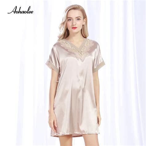 Aohaolee Elegant Silk Satin Nightgowns And Sleepshirts Short Sleeve Lace