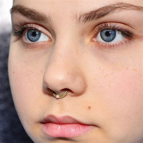 Gold Septum Ring 2mm Pink Opal Helix Piercing Tragus Etsy