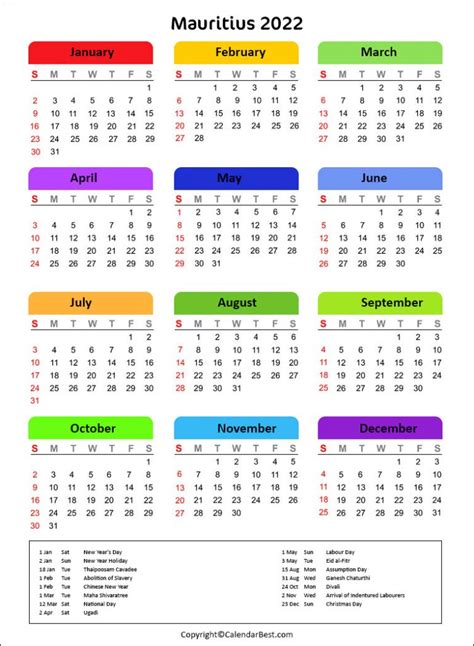 Free Printable Mauritius Calendar 2022 With Holidays