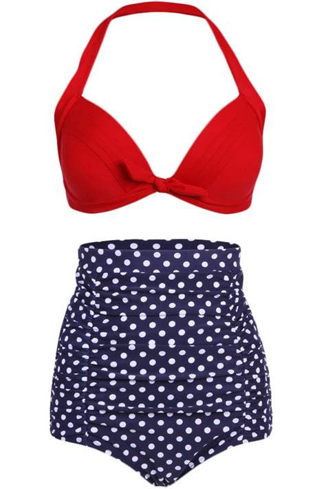 Pretty Attitude Womens Polka Dot High Waist Bikini Set With Red Top