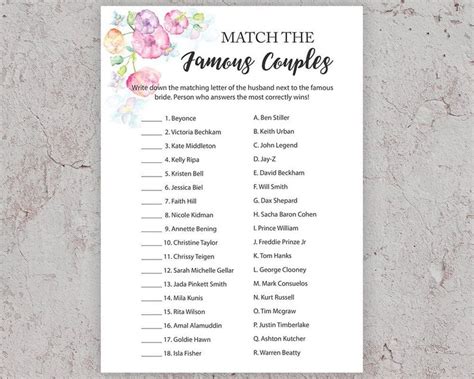 Famous Couples Printable Bridal Shower Game Printable Bridal Shower