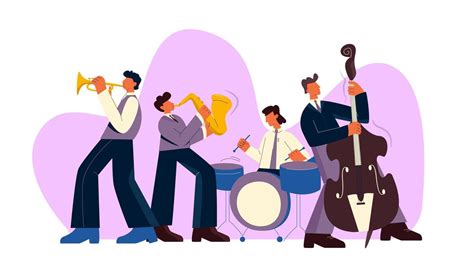 Cartoon Jazz Band Play Music On Saxophone Trumpet Drum And Bass