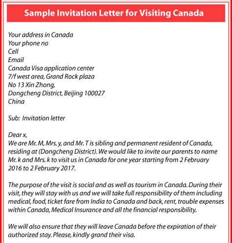 Sample Invitation Letter For Visitor Visa For Parents Canada The